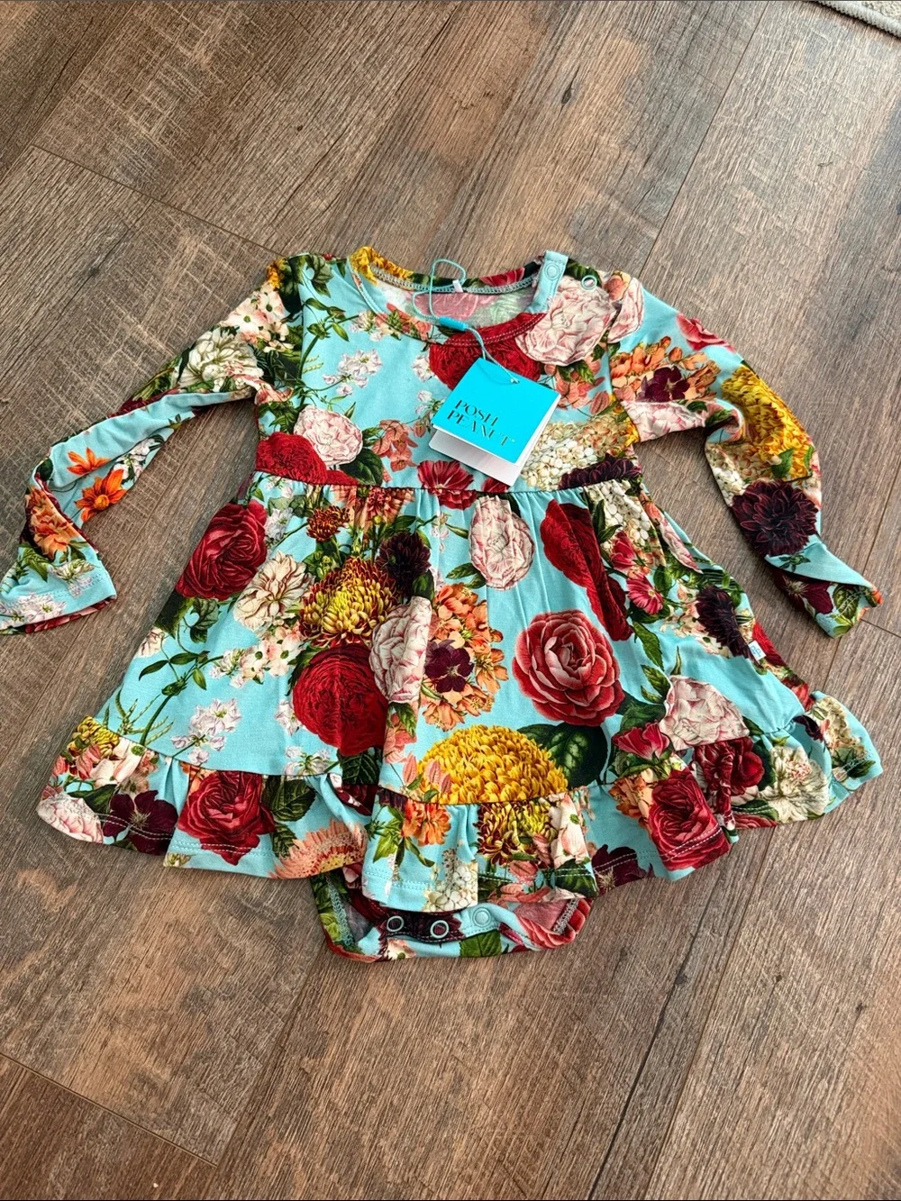 Posh Peanut Aqua Floral Long-Sleeve Baby One-Piece